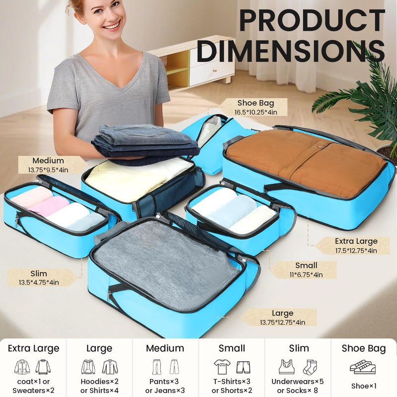 BAGAIL 4 Set/6 Set/8 Set Compression Packing Cubes Travel Accessories Expandable Packing Organizers (Half Mesh, 6-Blue) - Image 2